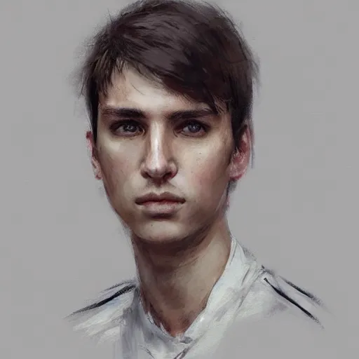 Image similar to Portrait of a man by Greg Rutkowski, he is about 20 years old, west slav features, short blonde hair with bangs, attractive, smart looking, slim, somewhat androgenic, he is wearing a white and black utilitarian jumpsuit, highly detailed portrait, scifi, digital painting, artstation, concept art, smooth, sharp foccus ilustration, Artstation HQ