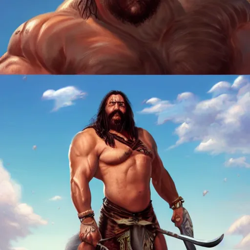 Prompt: a hyper realistic keyframe of a cartoon character brought to the real world, a combination of a beefy conan the barbarian and a warlock with a kind heart, the setting is a normal suburban backyard by Huang Guangjian and Gil Elvgren and Sachin Teng 8k,