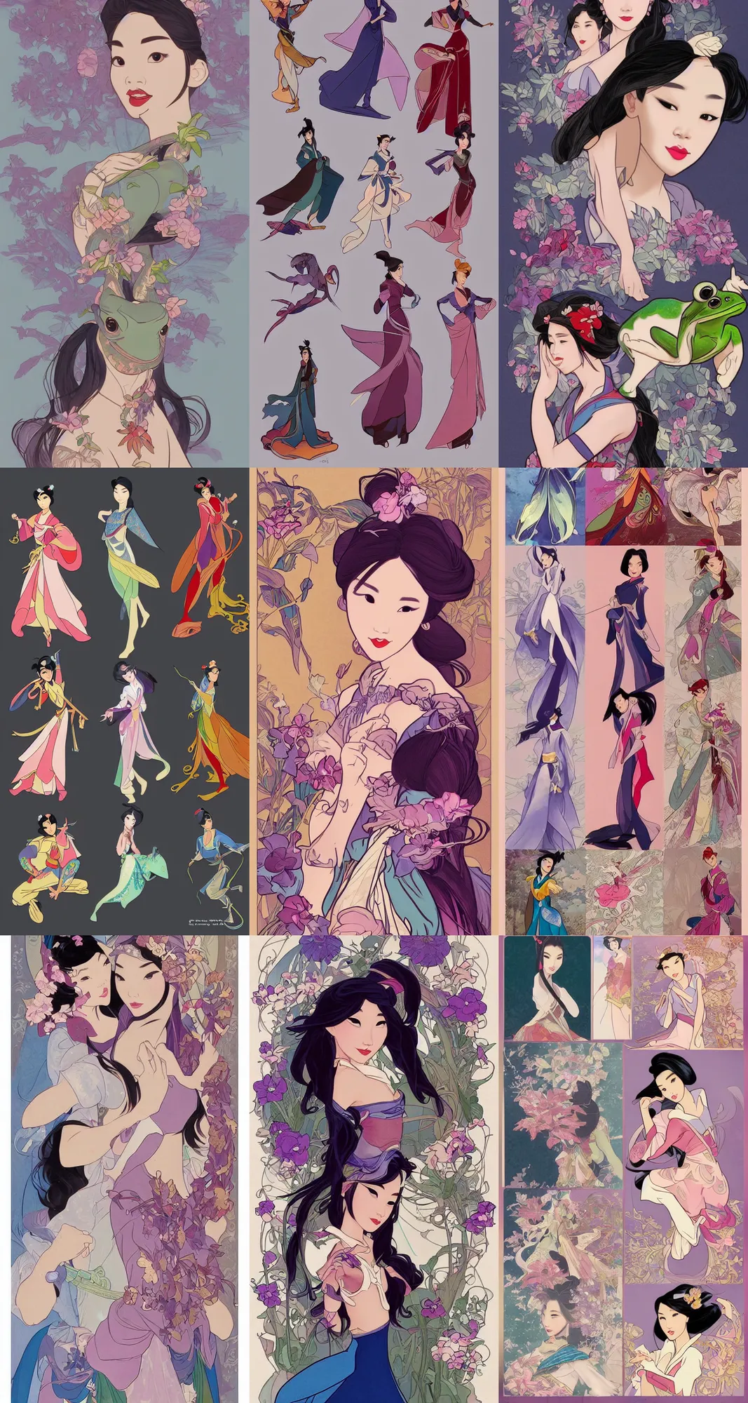 Prompt: Character concept fashion spot illustrations of Disney's Mulan and Frog Prince crossover, colorful, full-body, bloom, dynamic poses, diaphanous cloth, intricate crystalline and feather jewelry, ornate, filigree, arcane, cinematic lighting, by Artgerm, by Alphonse Mucha, by Bouguereau, by Sakimichan, fantasy, portfolio illustration, highly detailed, trending on Artstation, CGsociety, HQ, 8k, 35mm lens, f2.8, Bokeh,