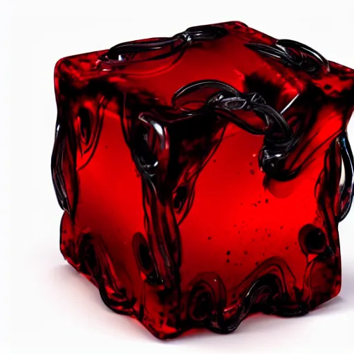 Image similar to twisted scene of a twisted transparent cube half filled with turbulent red liquid inside in a transparent skull