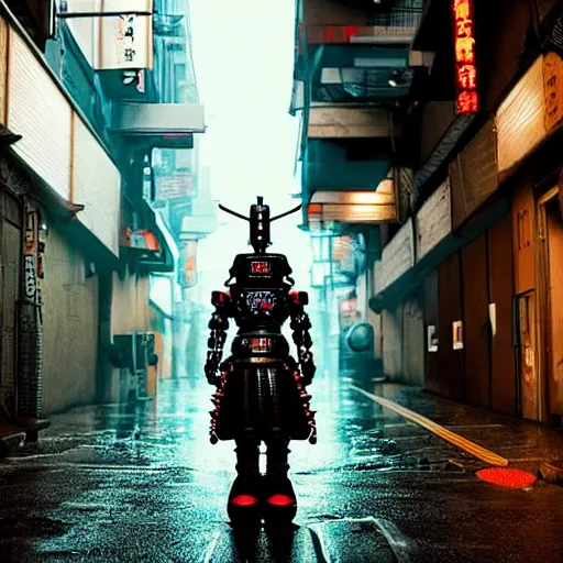 Prompt: a futuristic robot modeled after warring states japan samurai. Rainy Grungy neon cyberpunk alleyways in the background Badass pose , Photo realistic , Gregory Crewdson , Award winning. Masterpiece, exquisite detail, post processing