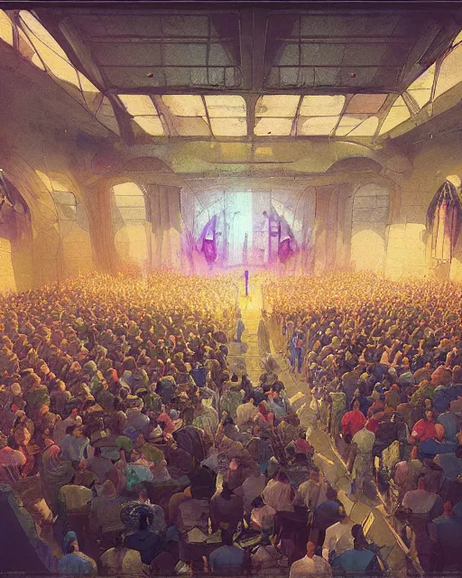 Prompt: craig mullins and moebius digital matte art of a crowd in a futuristic church, priest, pews, ethereal, inviting, bright, unreal engine, hyper realism, realistic shading, cinematic composition, realistic render, octane render, detailed textures, photorealistic, wide shot