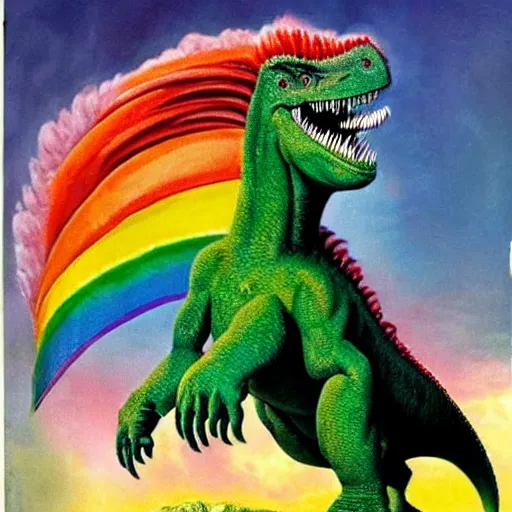 Prompt: donald trump as a rampaging tyrannasaurus rex with a rainbow feathered frill, realistic hyper detailed by frank frazetta