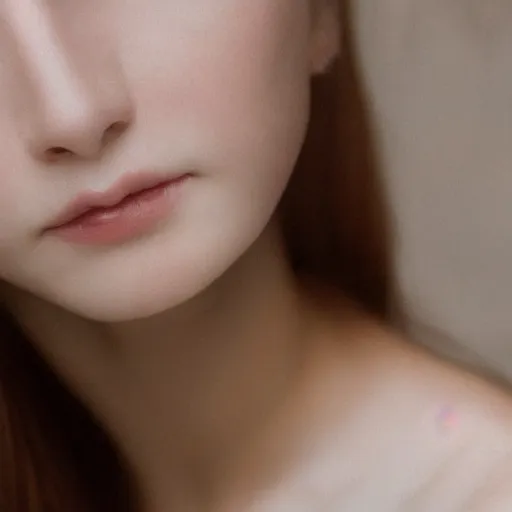 Image similar to photorealistic portrait of a beautiful young woman, very blurry, out of focus, translucent stone white skin, closed eyes, foggy, closeup