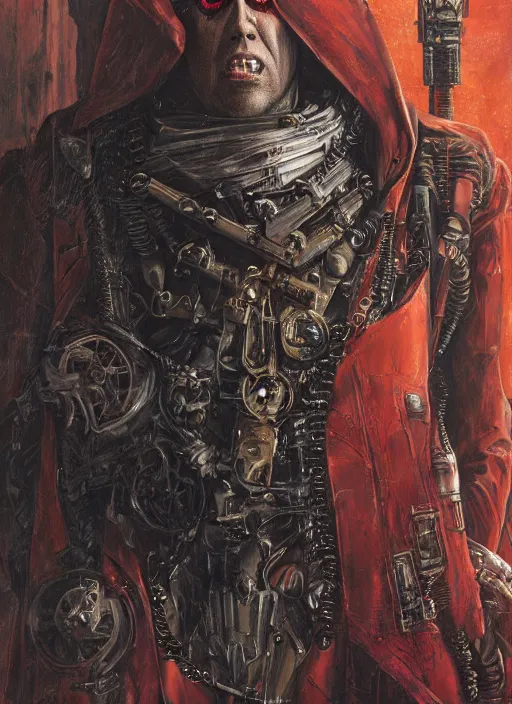 Prompt: portrait of rotten Nicolas Cage as adeptus mechanicus in red hood and robe from Warhammer 40000. Highly detailed, artstation, illustration by and John Blanche and zdislav beksinski and wayne barlowe and Gustav Klimt