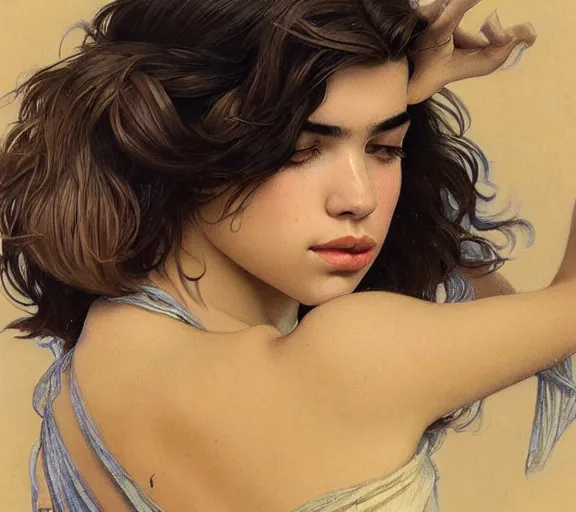 Image similar to photography dualipa with hands - up and hairy armpits, deep focus, intricate, elegant, highly detailed, digital painting, artstation, concept art, matte, sharp focus, illustration, art by artgerm and greg rutkowski and alphonse mucha and gil elvgren