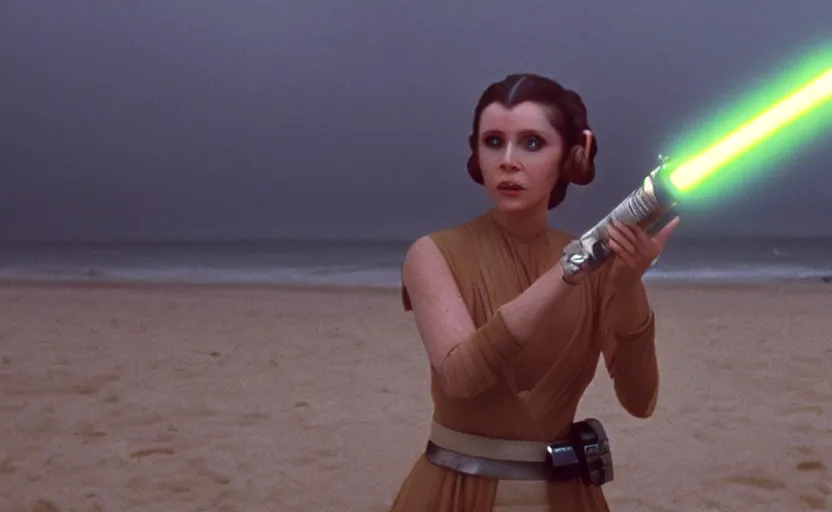 Image similar to glamour portrait of Princess Leia using yellow lightsaber on foggy beach, 1980s film directed by Stephen Speilberg, iconic scene, carrie fischer's photoreal face, stunning cinematography, hyper-detailed, sharp, anamorphic lenses, kodak color, 4k