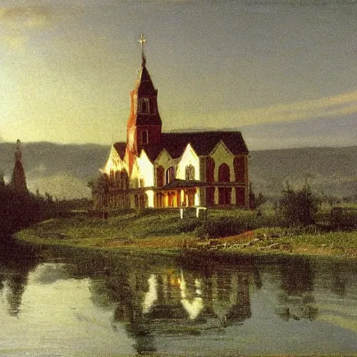 Prompt: A burning city by a river in the late 19th century in northern Sweden, houses made of wood, a white church is visible on a hill, painting by Albert Bierstadt