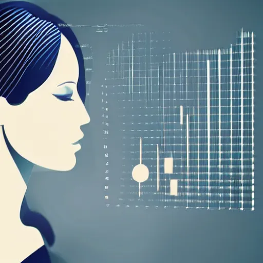 Prompt: beautiful elegant woman seen in profile, from the side, haloed by an explosion of microsoft excel chart lines and graphs by rik oostenbroek, simple contrasted color, white background