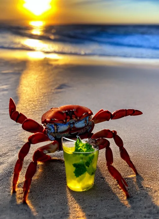 Image similar to photo of a crab drinking a mojito at the beach, golden hour, Breathtaking, 8k resolution, extremely detailed, beautiful, establishing shot, artistic