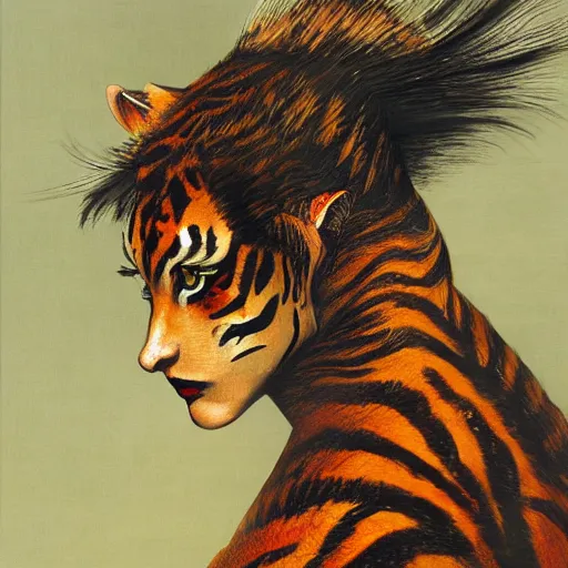 Prompt: 8k Yoshitaka Amano painting of upper body of a young cool looking slim tigress tiger beast-girl at a medieval market at windy day. Depth of field. She is wearing leather armor. Renaissance style lighting