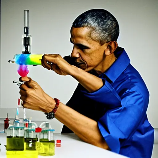 Image similar to a photograph of barack obama wearing a lab coat injecting a frog with a rainbow in a syringe