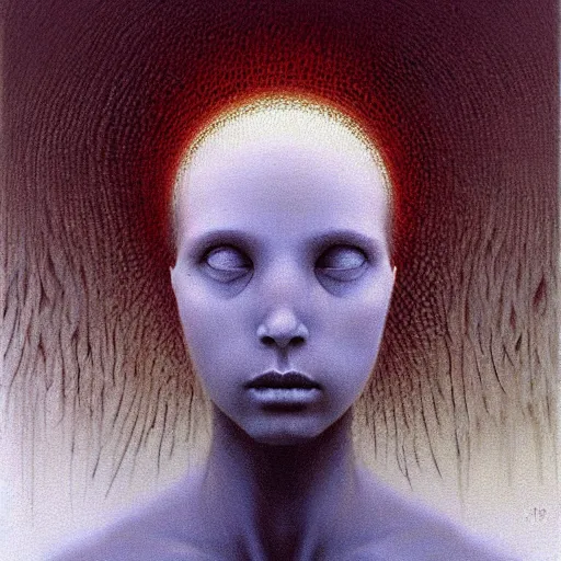 Prompt: young teen female with who is half crow, painting by Beksinski