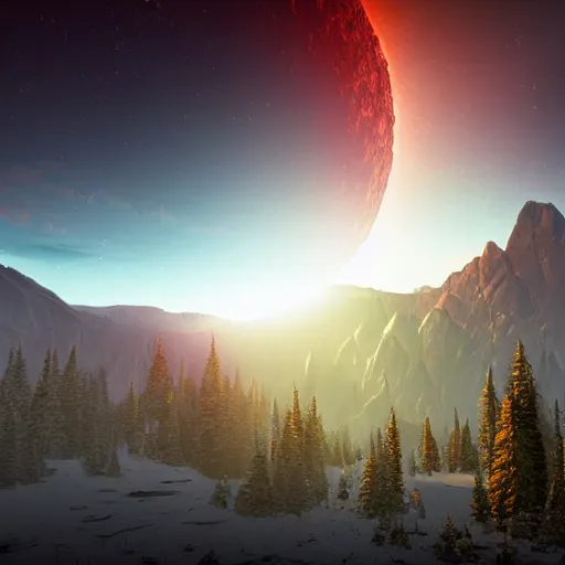 Image similar to nuclear blast eclipse, small in size, rocky mountains, highly detailed, photorealistic shot, bright studio setting, studio lighting, crisp quality and light reflections, unreal engine 5, quality render, art by sandra pelser