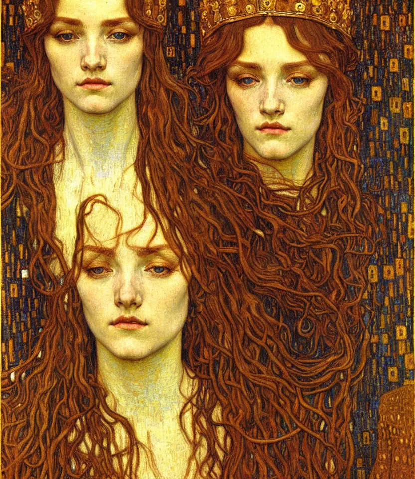 Image similar to detailed realistic beautiful young medieval queen face portrait by jean delville, gustav klimt and vincent van gogh, art nouveau, symbolist, visionary, gothic, pre - raphaelite, muted earthy colors, desaturated