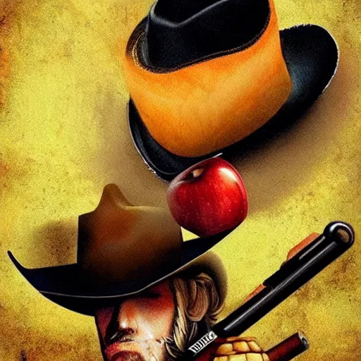 Image similar to a apple wearing a cowboy hat and shooting a revolver into the air. digital art. trending on artstation. amazing quality. great composition. perfect lighting. professional design. mind blowing detail. impressive colors. award winning art.