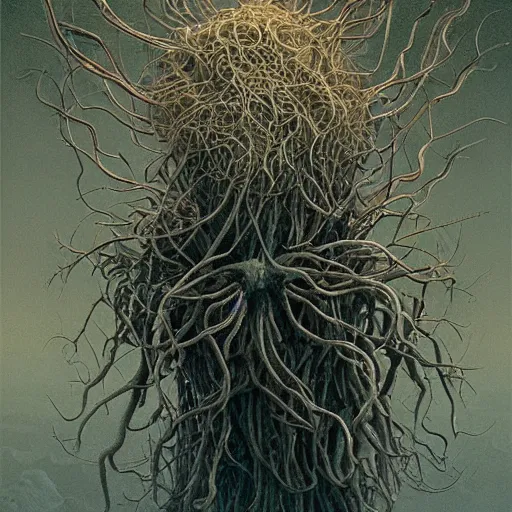 Image similar to a terrifying nature organic portrait of the flying spaghetti monster. natural lighting art dawn. highly detailed. colourful. moody. artstation, 4 k, by gerald brom zdzisław beksinski, and ansel adams and studio ghibli, horror, lots of sakura flowers, lovely, desperate