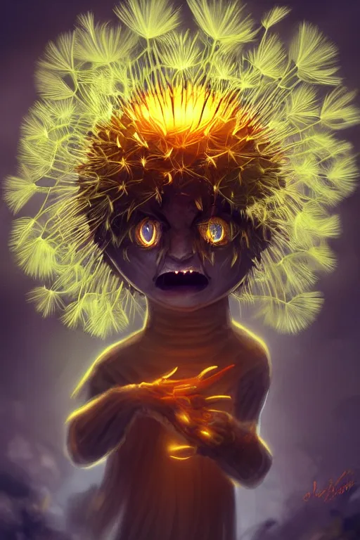 Image similar to a glowing humanoid figure dandelion monster with large glowing eyes, highly detailed, digital art, sharp focus, trending on art station, artichoke, anime art style