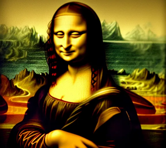 Image similar to A portrait of mona lisa, holding a giant weed joint, smoke, 8k, hyper-detailed, cinematic