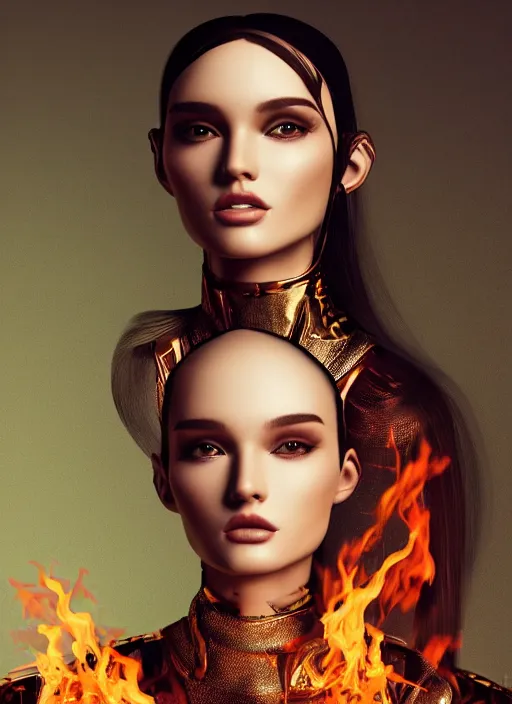 Image similar to 3d fashion portrait with fire, female, future, torch, flame, harper's bazaar, vogue, fashion magazine, intricate, concept art, close up, ornate, luxury, elite, elegant, trending on artstation, by ruan jia, by Kenneth Willardt, by ross tran, by WLOP, by Andrei Riabovitchev,