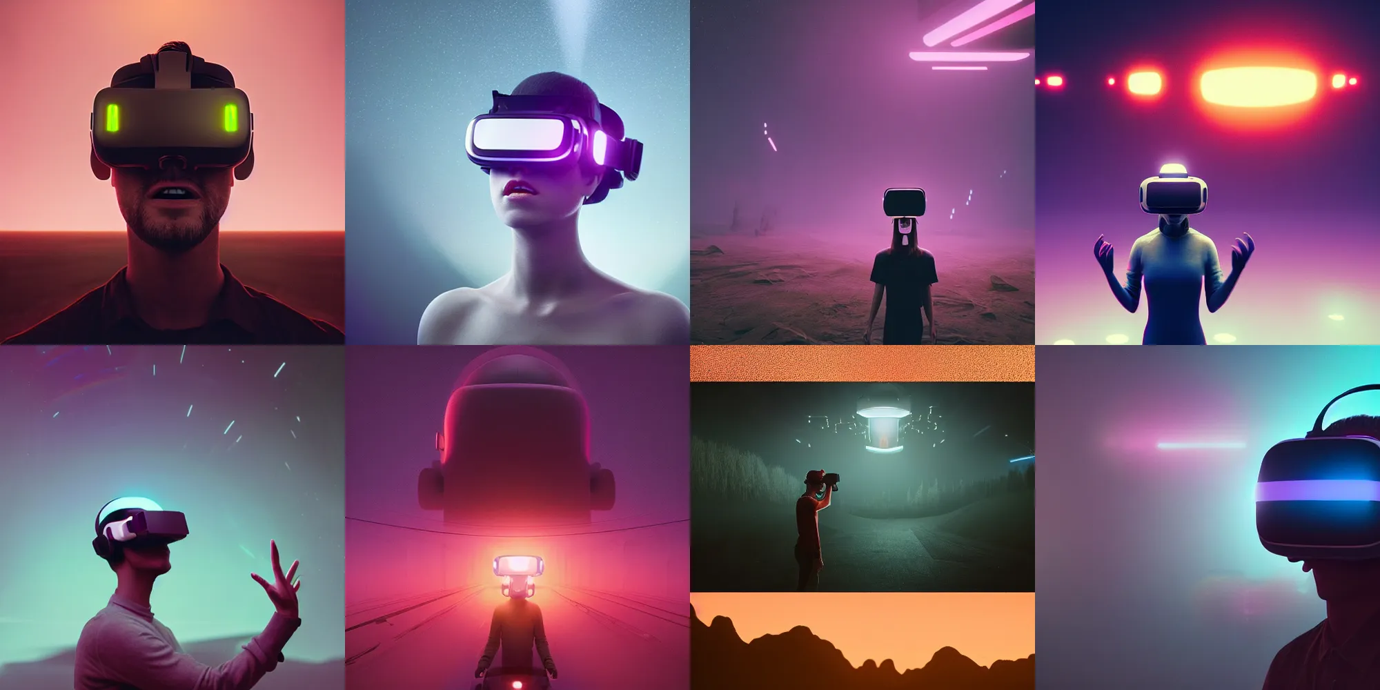 Prompt: beautiful dark landscape, person screaming wearing virtual reality helmet, in the style of beeple and Mike Winkelmann, intricate, epic lighting, cinematic composition, hyper realistic, 8k resolution, unreal engine 5,