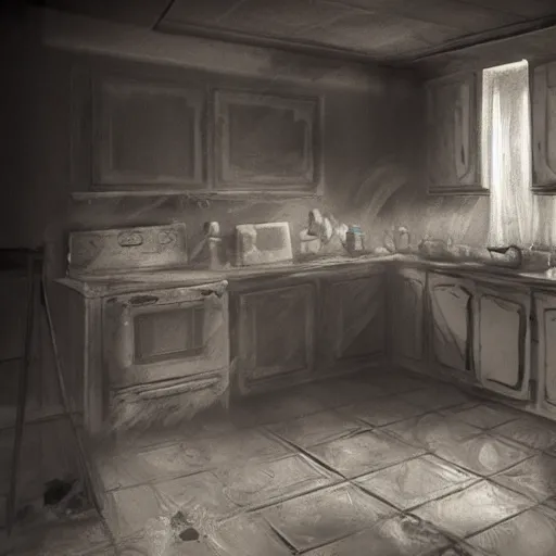 Prompt: ghost apparition floating in the middle of a kitchen, artstation, r/art, realistic, cam footage, thermal imaging