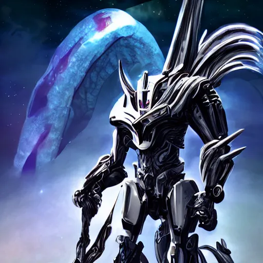 Image similar to cinematic god close shot, galactic sized proportional stunning danny trejo, sleek mecha body, majestic hair, smooth silver armor, floating in space, holding a galaxy, epic proportions, epic size, epic scale, furry art, dragon art, giantess art, warframe fanart, furaffinity, octane