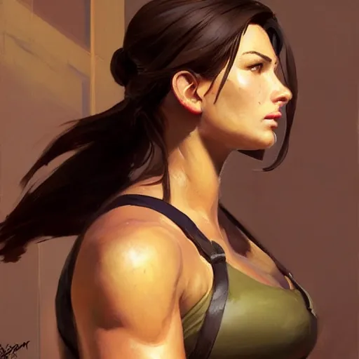 Image similar to greg manchess portrait painting of partially armored lara croft as overwatch character, medium shot, asymmetrical, profile picture, organic painting, sunny day, matte painting, bold shapes, hard edges, street art, trending on artstation, by huang guangjian and gil elvgren and sachin teng