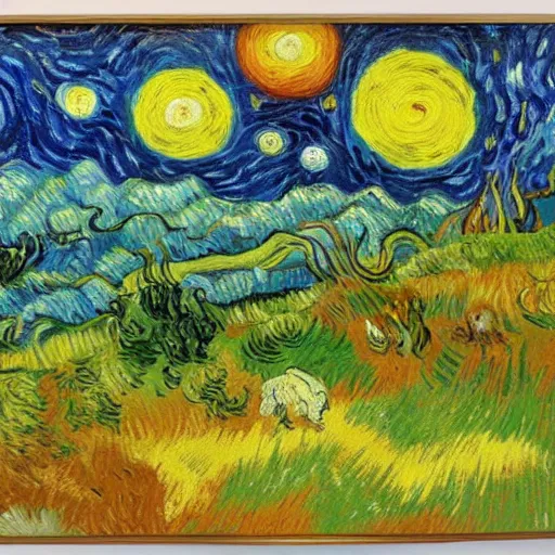 Prompt: a beautiful alien planet with plants and animals. Oil painting in the style of Van Gogh.