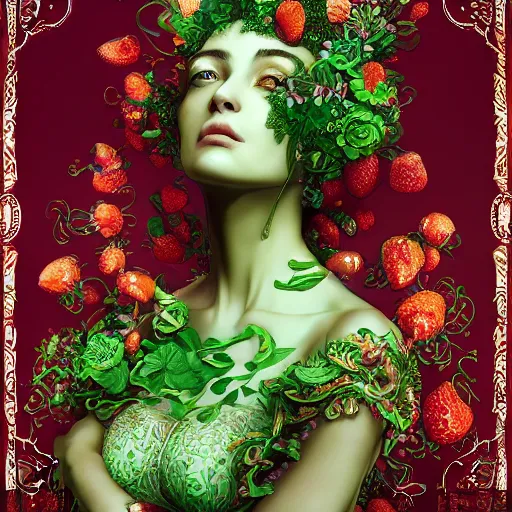 Image similar to the portrait of an absurdly beautiful, graceful, elegant, sophisticated, fashionable woman made of strawberries and green petals looking up, an ultrafine hyperdetailed illustration by kim jung gi, irakli nadar, intricate linework, bright colors, octopath traveler, final fantasy, unreal engine 5 highly rendered, global illumination, radiant light, detailed and intricate environment