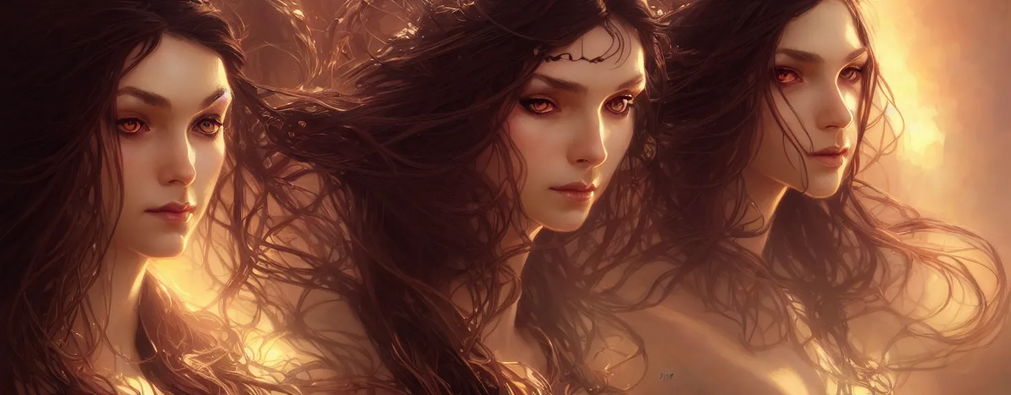 Image similar to fantasy magic woman portrait, sci-fi, amber eyes, face, long hair, fantasy, intricate, elegant, highly detailed, digital painting, artstation, concept art, smooth, sharp focus, illustration, art by artgerm and greg rutkowski and alphonse mucha