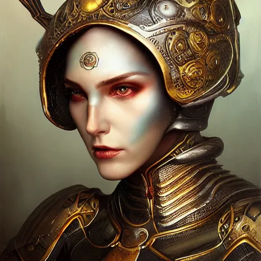 Prompt: tom bagshaw, curiosities carnival metal cables, photorealistic medium shot soft paint of a single beautiful female full long futuristic metallic armor ornate helmet, face, accurate features, focus, very intricate ultrafine details, award winning masterpiece