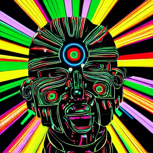 Image similar to photo of a black tshirt with a hyperdetailed portrait of a trippy robot, half robot, half human, 8 k, symetrical, flourescent colors, happy mood, multicolored,