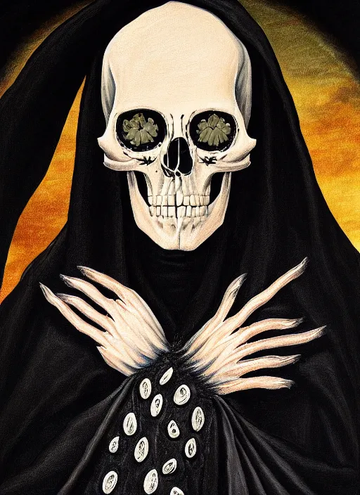 Prompt: ultradetailed painting of the necromancer, wearing a black cloak, crisp