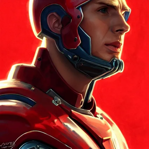 Image similar to handsome Chris Evans wearing a Red Power Armor, western, closeup, D&D, fantasy, intricate, elegant, highly detailed, digital painting, artstation, concept art, matte, sharp focus, illustration, art by Artgerm and Greg Rutkowski and Alphonse Mucha