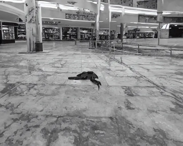 Prompt: camera footage of a giant spider in an abandoned shopping mall, high exposure, dark, monochrome, camera, grainy, CCTV, security camera footage, timestamp, zoomed in, fish-eye lense, spiders, spider, spider, spider,