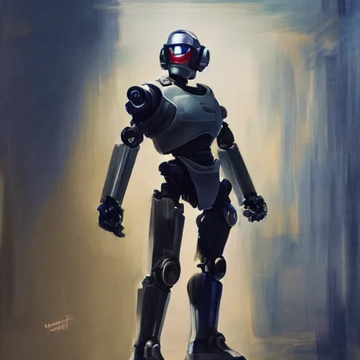 Image similar to greg manchess portrait painting of alex j. murphy aka robocop as overwatch character, 7 0 ies aesthetic, medium shot, asymmetrical, profile picture, organic painting, sunny day, matte painting, bold shapes, hard edges, street art, trending on artstation, by huang guangjian and gil elvgren and sachin teng