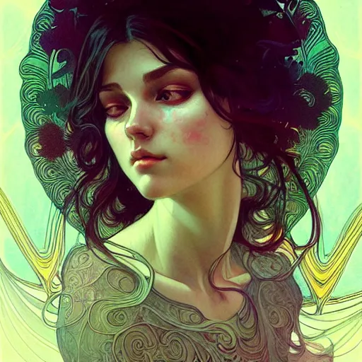 Image similar to Girl have a psychedelic experience, magic mushrooms, psilocybin, face, detailed, intricate, elegant, highly detailed, digital painting, artstation, concept art, smooth, sharp focus, illustration, art by Krenz Cushart and Artem Demura and alphonse mucha