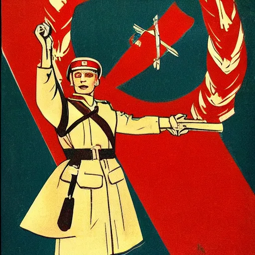 Image similar to soviet propaganda poster depicting a emue in military uniform