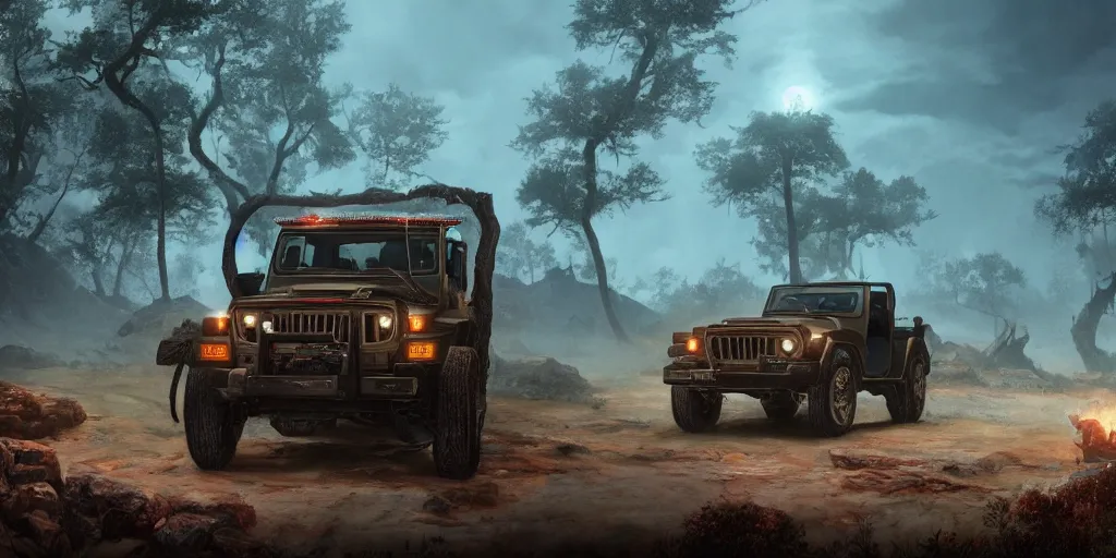 Prompt: mahindra thar, an epic fantasy, dramatic lighting, cinematic, establishing shot, extremely high detail, photorealistic, cinematic lighting, artstation, by simon stalenhag, the elder scrolls iii : morrowind, the nerevarine drives across morrowind