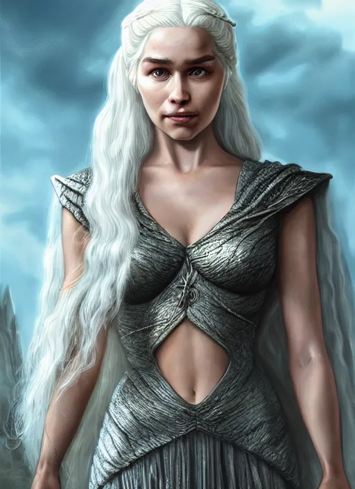 Image similar to queen daenerys stormborn, by anne stokes and larry elmore, detailed matte painting, realistic portrait, symmetrical, highly detailed, digital painting, artstation, concept art, smooth, sharp focus, illustration, cinematic lighting, 8 k resolution