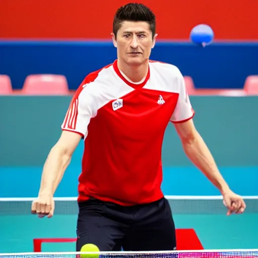 Image similar to Robert Lewandowski playing table tennis on a tournament, table tennis racquet in his hand, high quality news photography