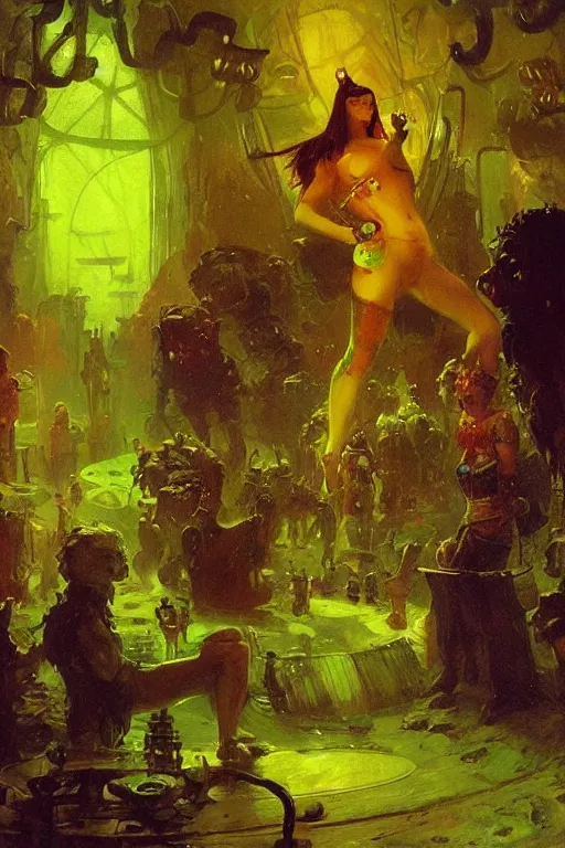 Image similar to a space viking drinking green neon liquid in an alien tavern. art by ilya repin.