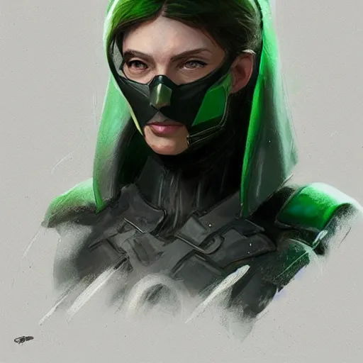 Image similar to portrait of a female superhero by greg rutkowski, she looks like thomasin mackenzie, she is wearing a black and green kevlar gear with a cape, highly detailed portrait, digital painting, artstation, concept art, smooth, sharp foccus ilustration, artstation hq