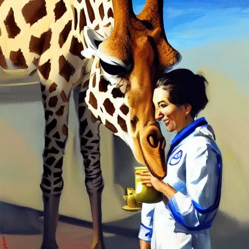 Image similar to a giraffe dressed like an astronaut drinking tea with queen isabel, trending on artstation, art by greg manchess, guangjian, detailed digital art, artstation hd