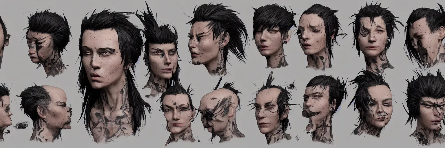 Prompt: character faces, realistic punk singer faces, rocker, aggressive, character sheet, fine details, concept design, contrast, kim jung gi, greg rutkowski and da vinci, trending on artstation, 8 k, emotional, face turnaround, front view, back view, side view, ultra wide angle