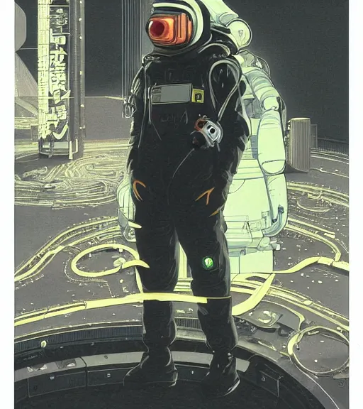 Prompt: cyberpunk japanese man with long limbs and a black spacesuit on a spacewalk, techwear, Industrial Scifi, detailed illustration, character portrait, by Martin Grip and Moebius