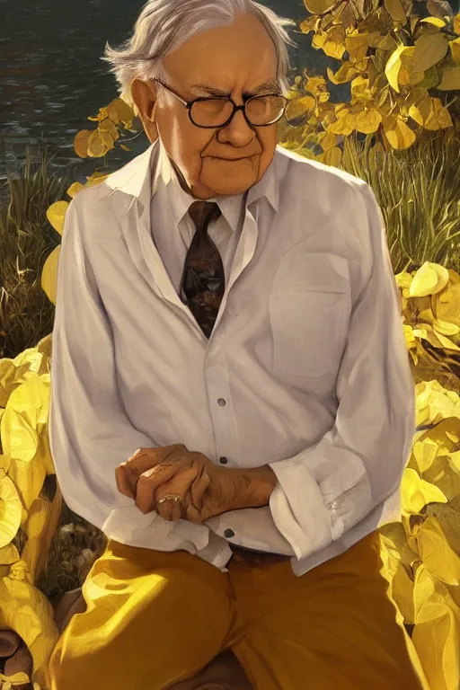 Image similar to warren buffet godly clothes meditating in the sun, yellow lighting ultra realistic photorealistic highly detailed high quality, a stunningly, digital painting, artstation, concept art, smooth, sharp focus, illustration, art by artgerm and greg rutkowski and alphonse mucha 8 k