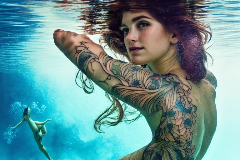 Prompt: underwater photography full body portrait of beautiful norwegian diver tattooed young hunter pincess swimming underwater, low angle, realistic, 4 k, high quality, masterpiece photography by terry o'neill intricate, elegant, highly detailed, smooth, sharp focus, by artgerm and greg rutkowski and alphonse mucha, 8 k