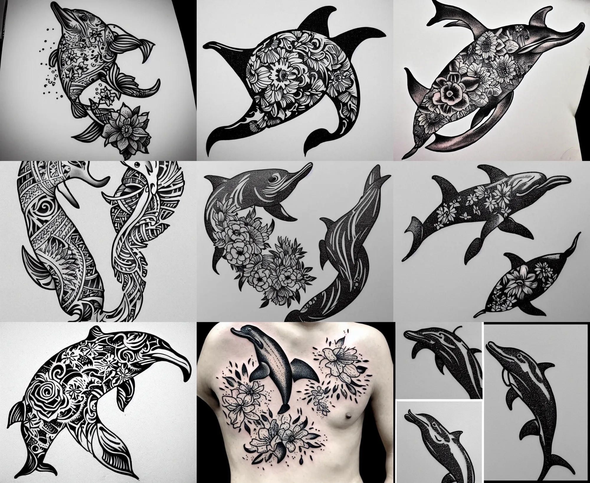 Image similar to detailed amazing tattoo stencil of a floral dolphin